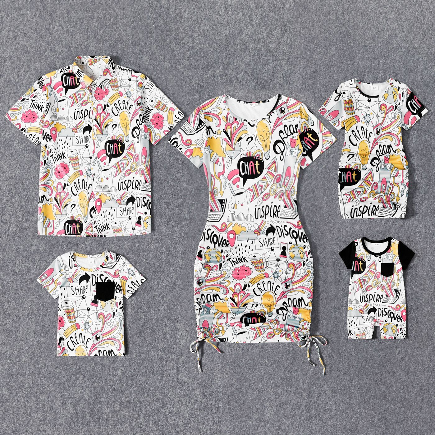 Family Matching Allover Print Drawstring Ruched Bodycon Dresses and Short-sleeve Tops Sets
Family Matching Allover Print Drawstring Ruched Bodycon Dresses and Short-sleeve Tops Sets