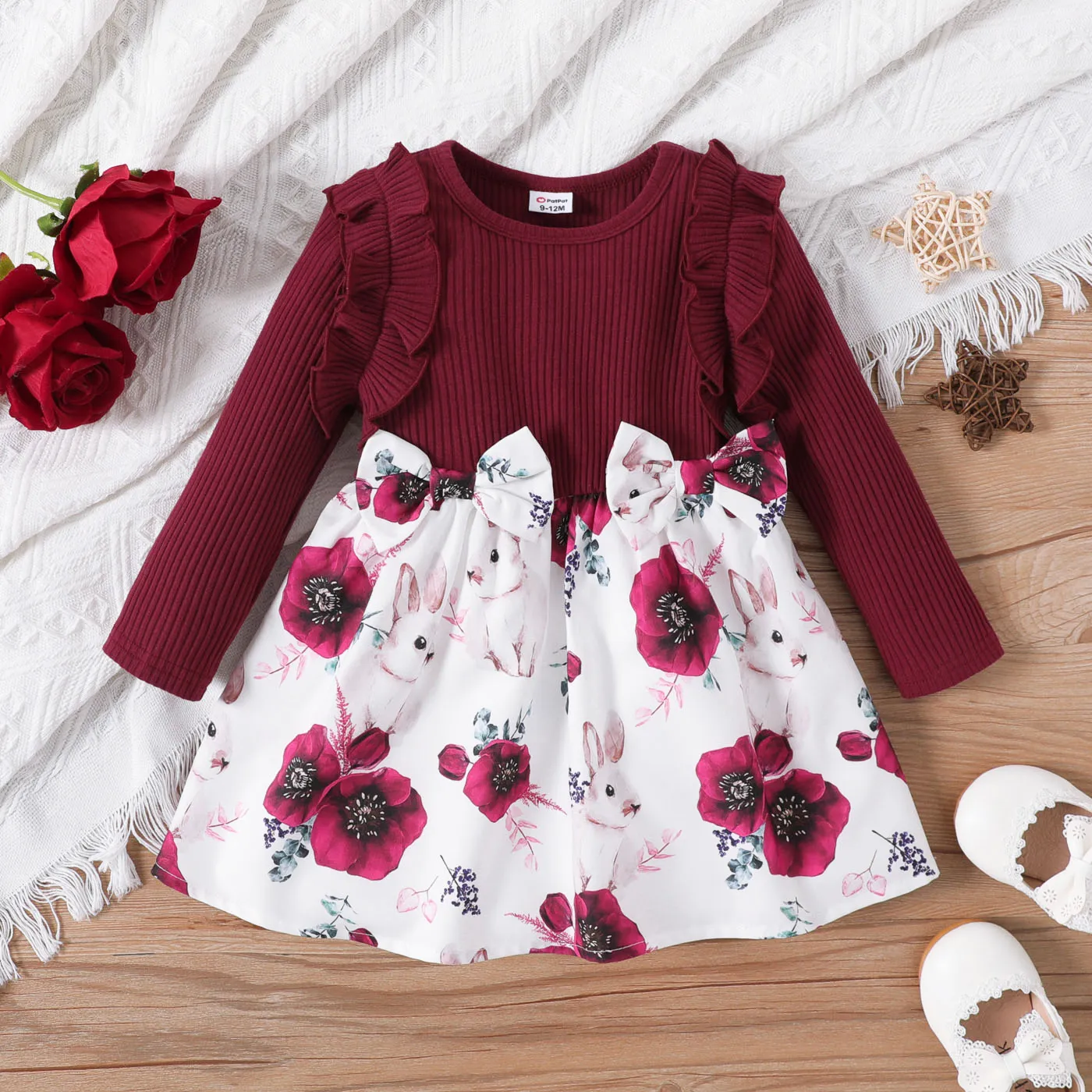 

Baby Girl Solid Rib Knit Ruffle Trim Long-sleeve Spliced Allover Print Bow Front Dress