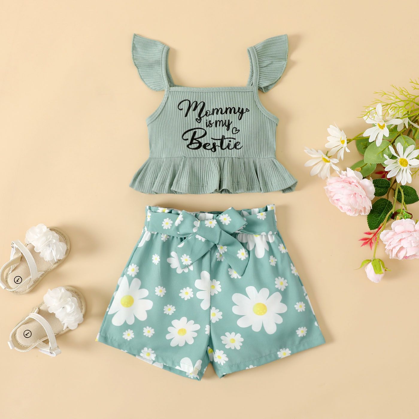 

2pcs Baby Girl Letter Print Ruffle Hem Flutter-sleeve Rib-knit Top and Floral Print Belted Shorts Set