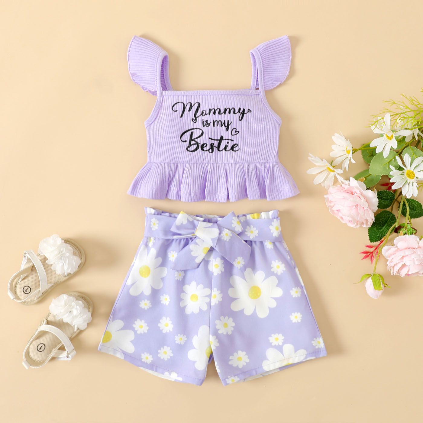 

2pcs Baby Girl Letter Print Ruffle Hem Flutter-sleeve Rib-knit Top and Floral Print Belted Shorts Set