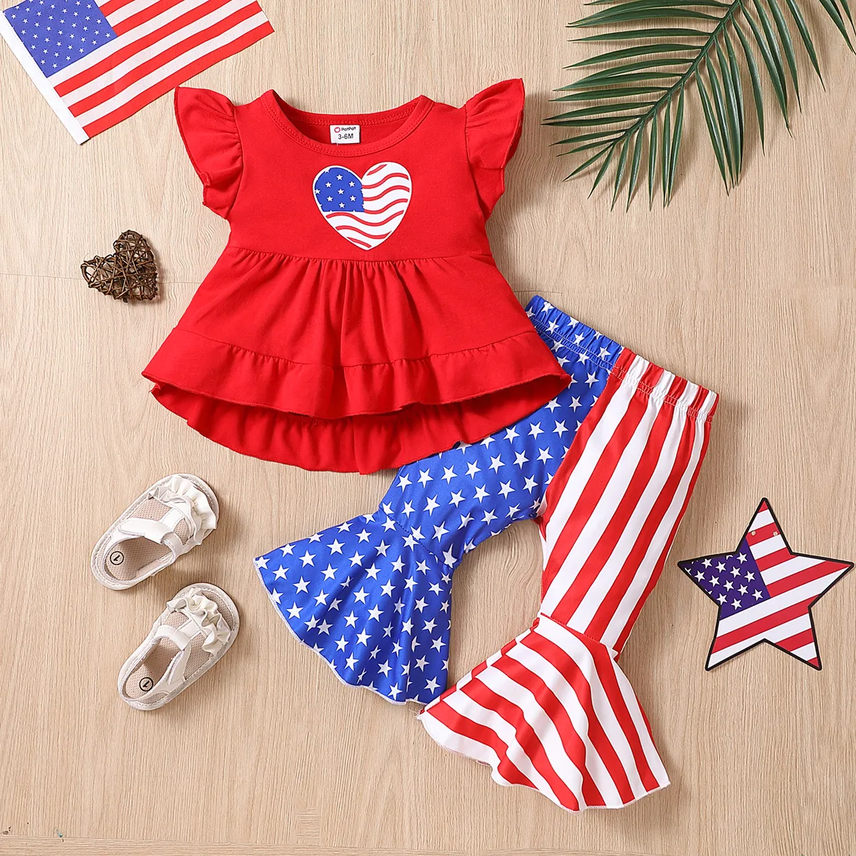 

Independence Day 2pcs Baby Girl Ruffled Flutter-sleeve Graphic Top and Star & Stripe Print Flared Pants Set