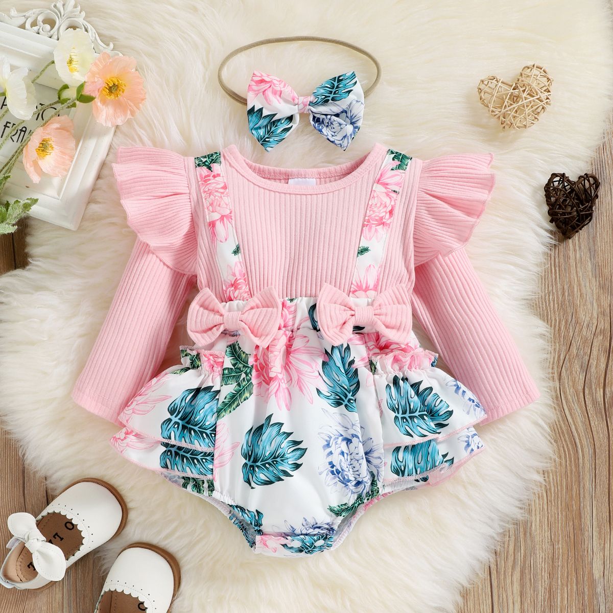 

2pcs Baby Girl 95% Cotton Long-sleeve Rib Knit Bow Front Spliced Palm Leaf Print Layered Ruffle Romper with Headband Set