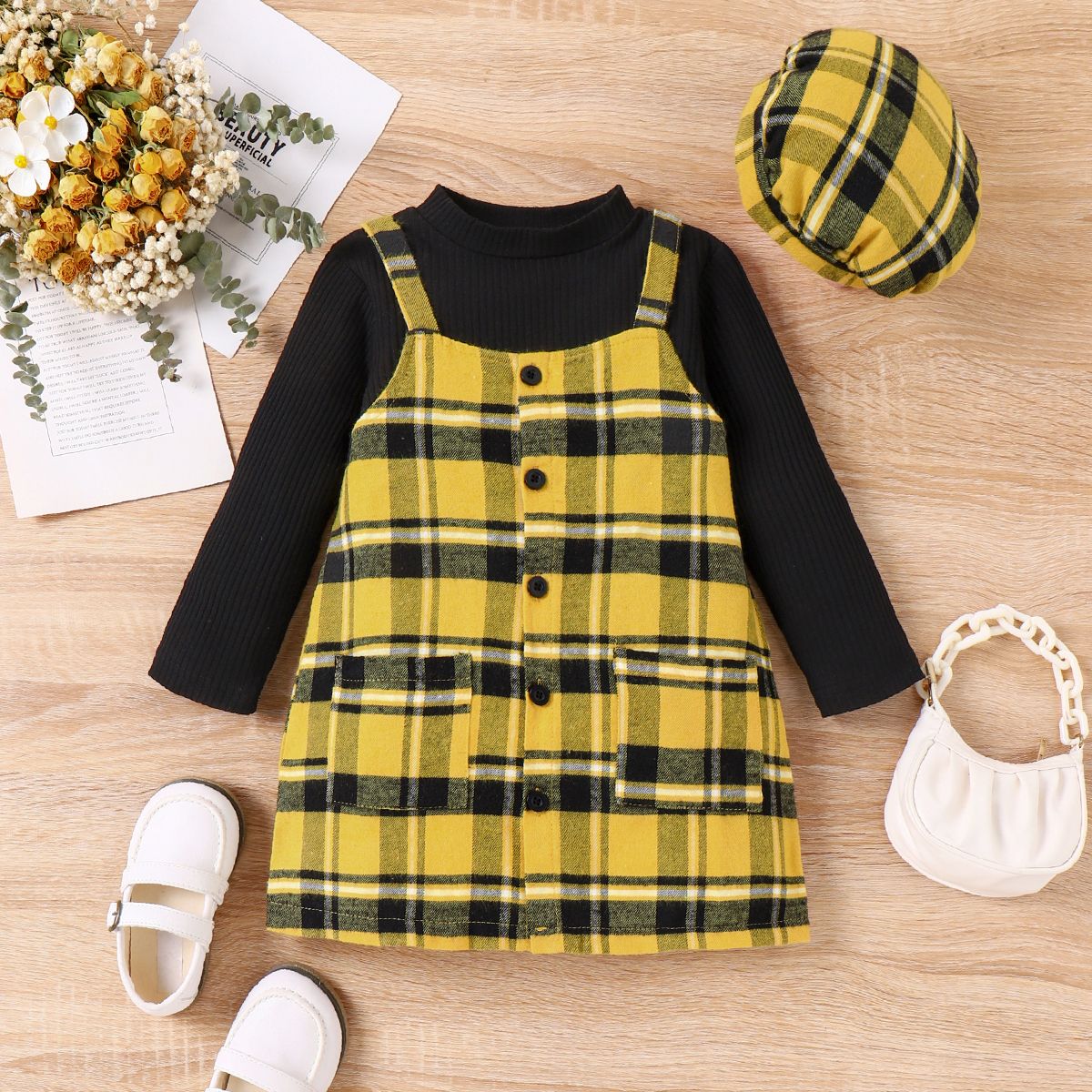 3pcs Toddler Girl Plaid Beret & 100% Cotton Overall Dress & Rib-knit Long-sleeve Top Set
3pcs Toddler Girl Plaid Beret & 100% Cotton Overall Dress & Rib-knit Long-sleeve Top Set