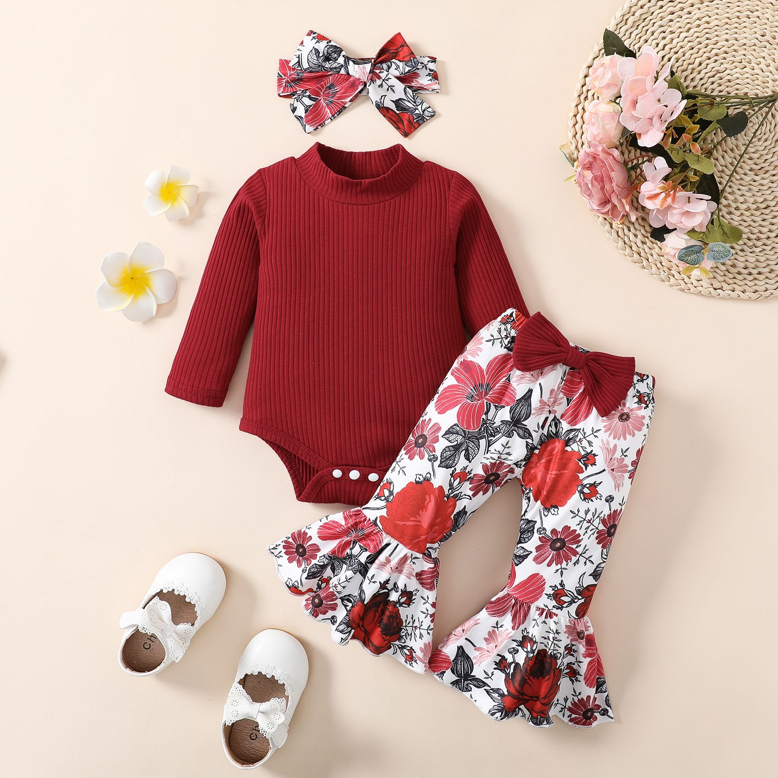 

3pcs Baby Girl 95% Cotton Solid Ribbed Mock Neck Long-sleeve Romper and Floral Print Flared Pants & Headband Set