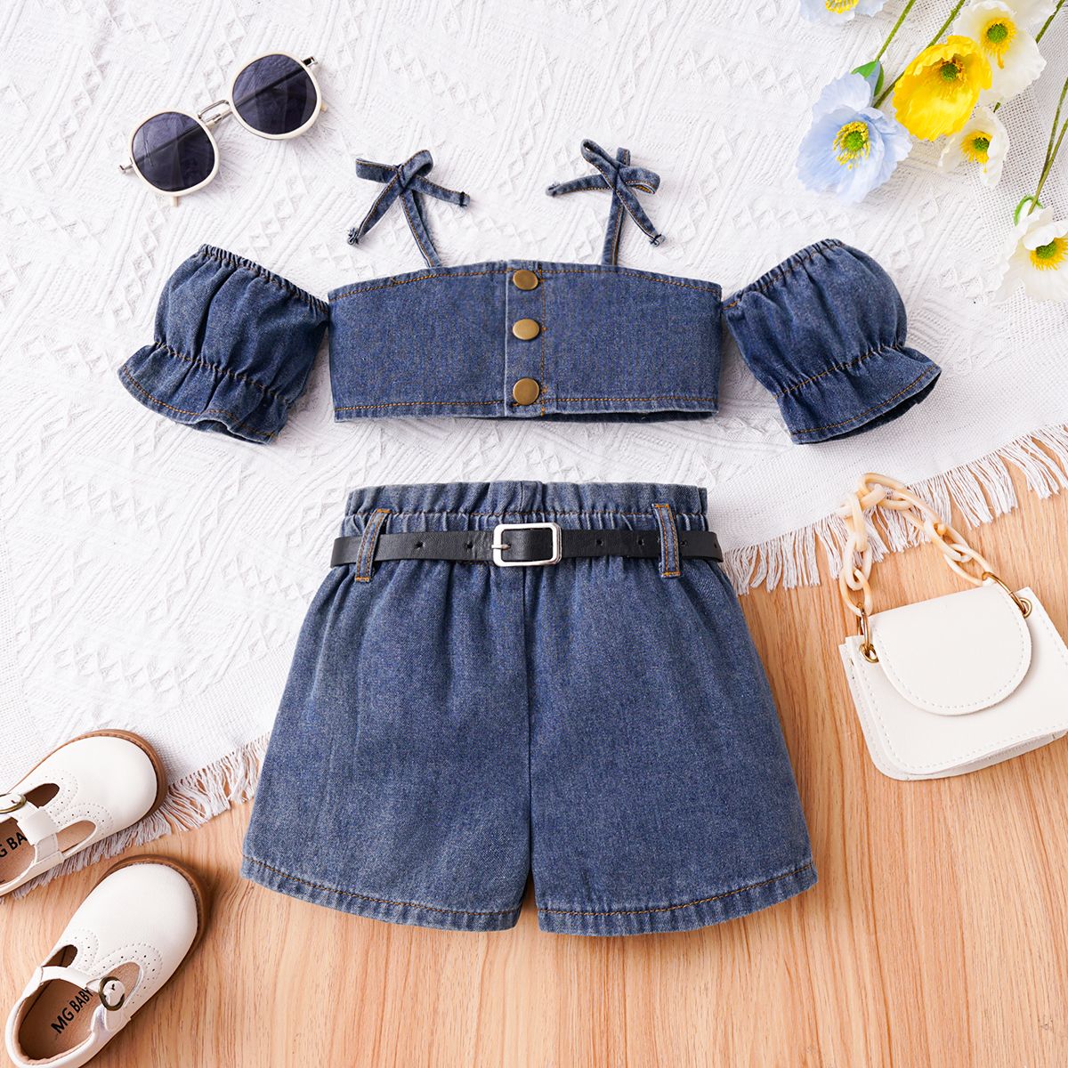 

2pcs Toddler Girl 100% Cotton Front Buttons Ruffle Slip Top and Belted Denim Shorts Set