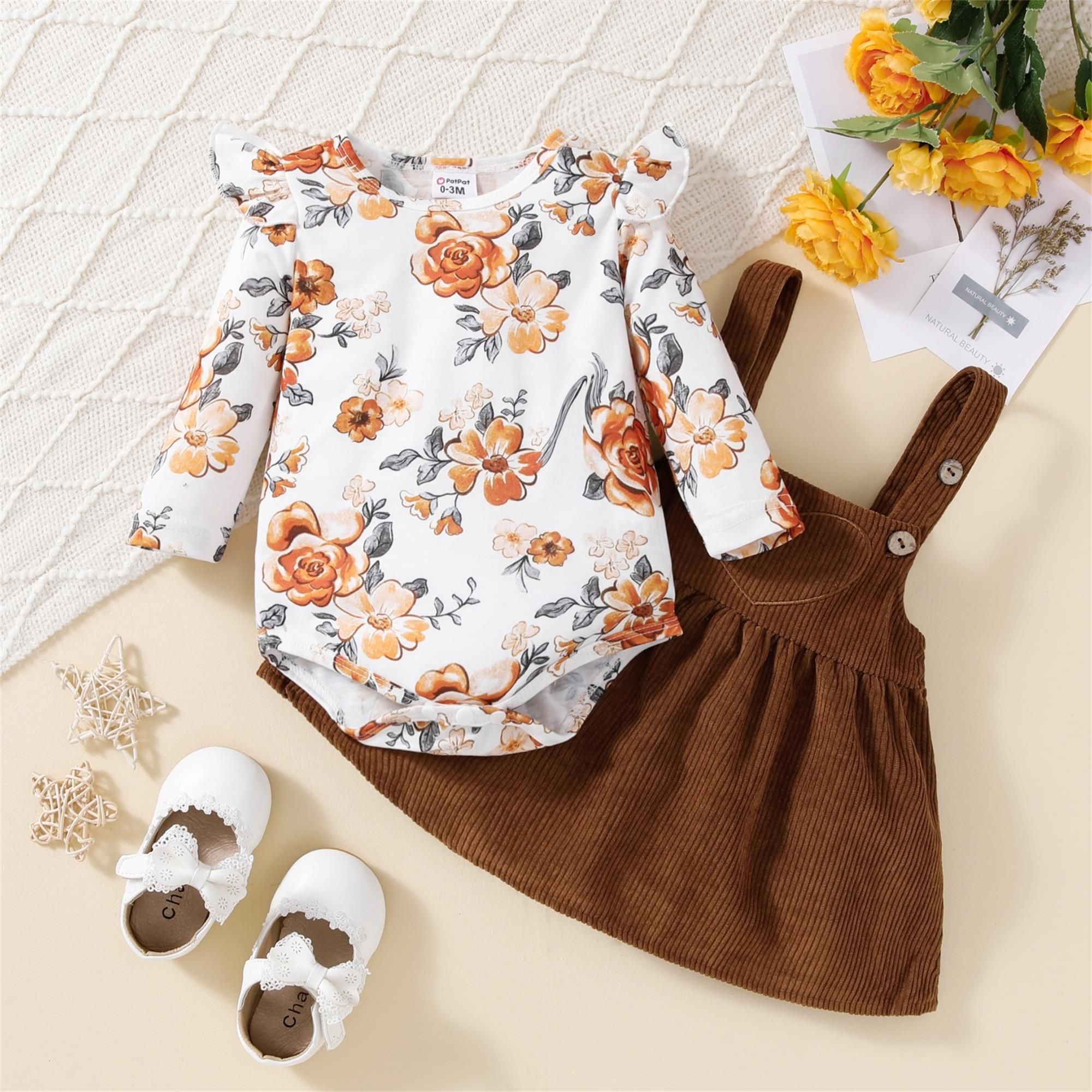 

2pcs Baby Girl Allover Floral Print Ruffle Long-sleeve Romper and Corduroy Overall Dress Set