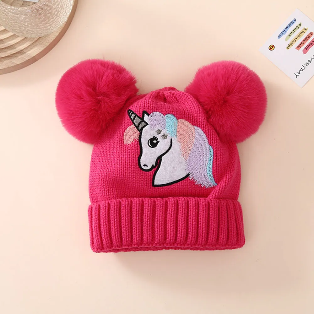 Baby/toddler Unicorn embroidered double ball warm knitted beanie 
Baby/toddler Unicorn embroidered double ball warm knitted beanie