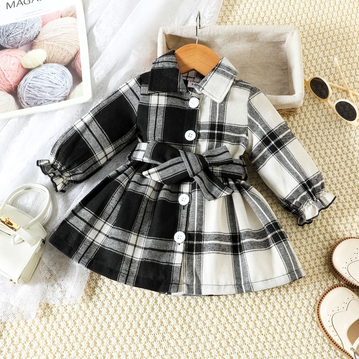 

Baby Girl Two Tone Plaid Long-sleeve Belted Button Up Shirt Dress