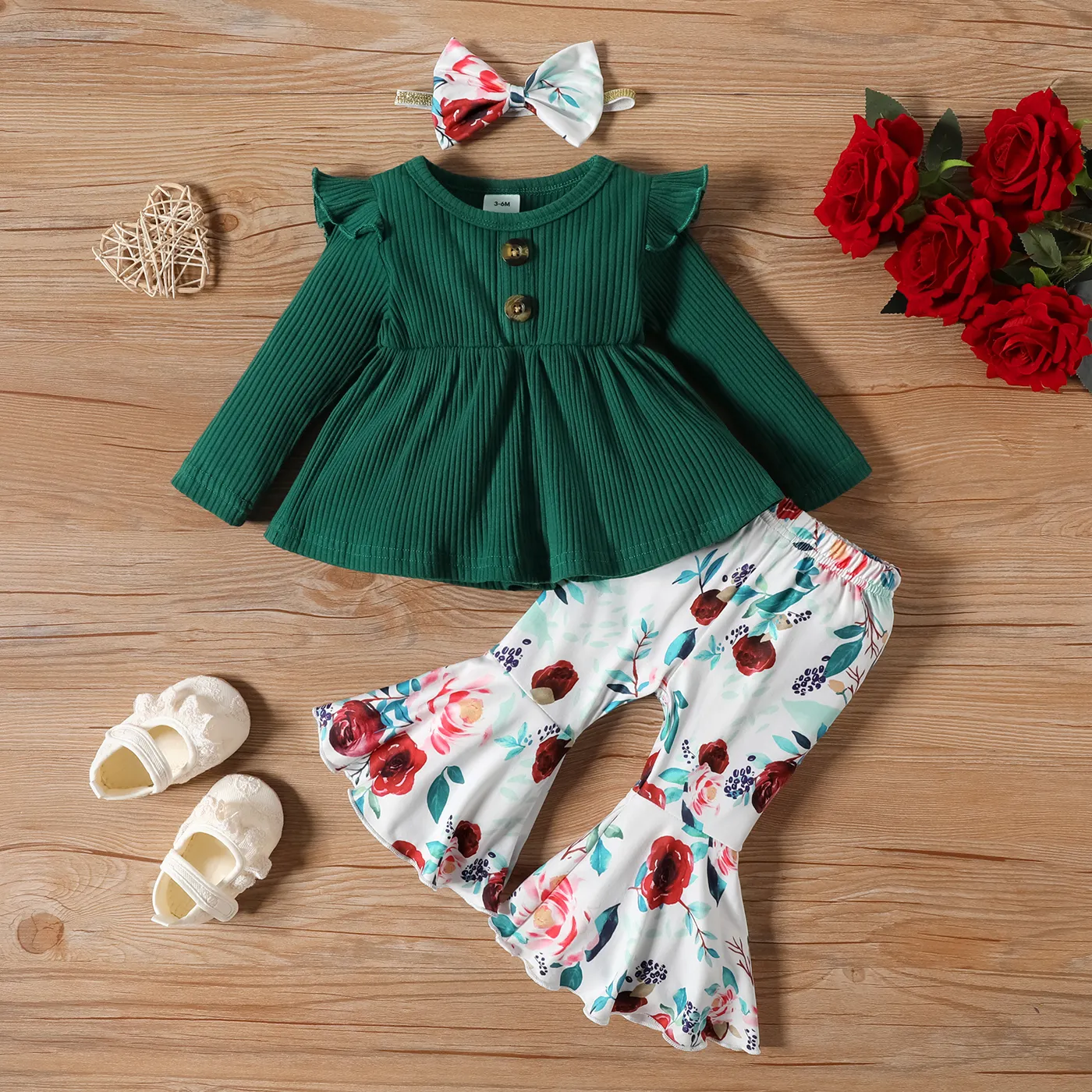 

3pcs Baby Girl 95% Cotton Peplum Rib-knit Long-sleeve Top & Floral Print Flared Pants & Headband Set