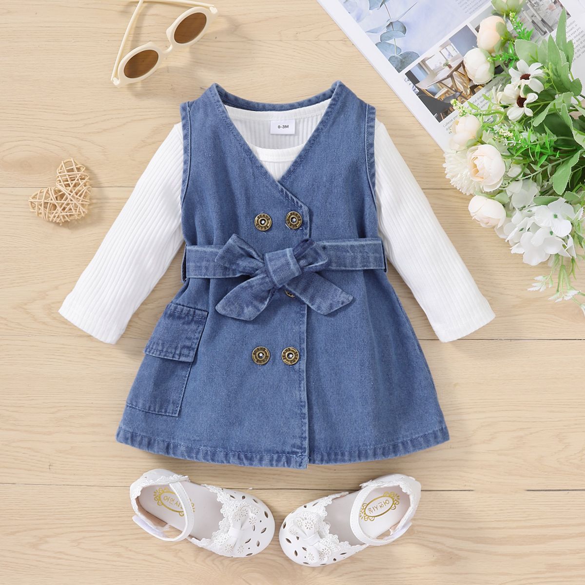 

2pcs Baby Girl 95% Cotton Rib Knit Long-sleeve Romper and Double Breasted Belted Denim Tank Dress Set