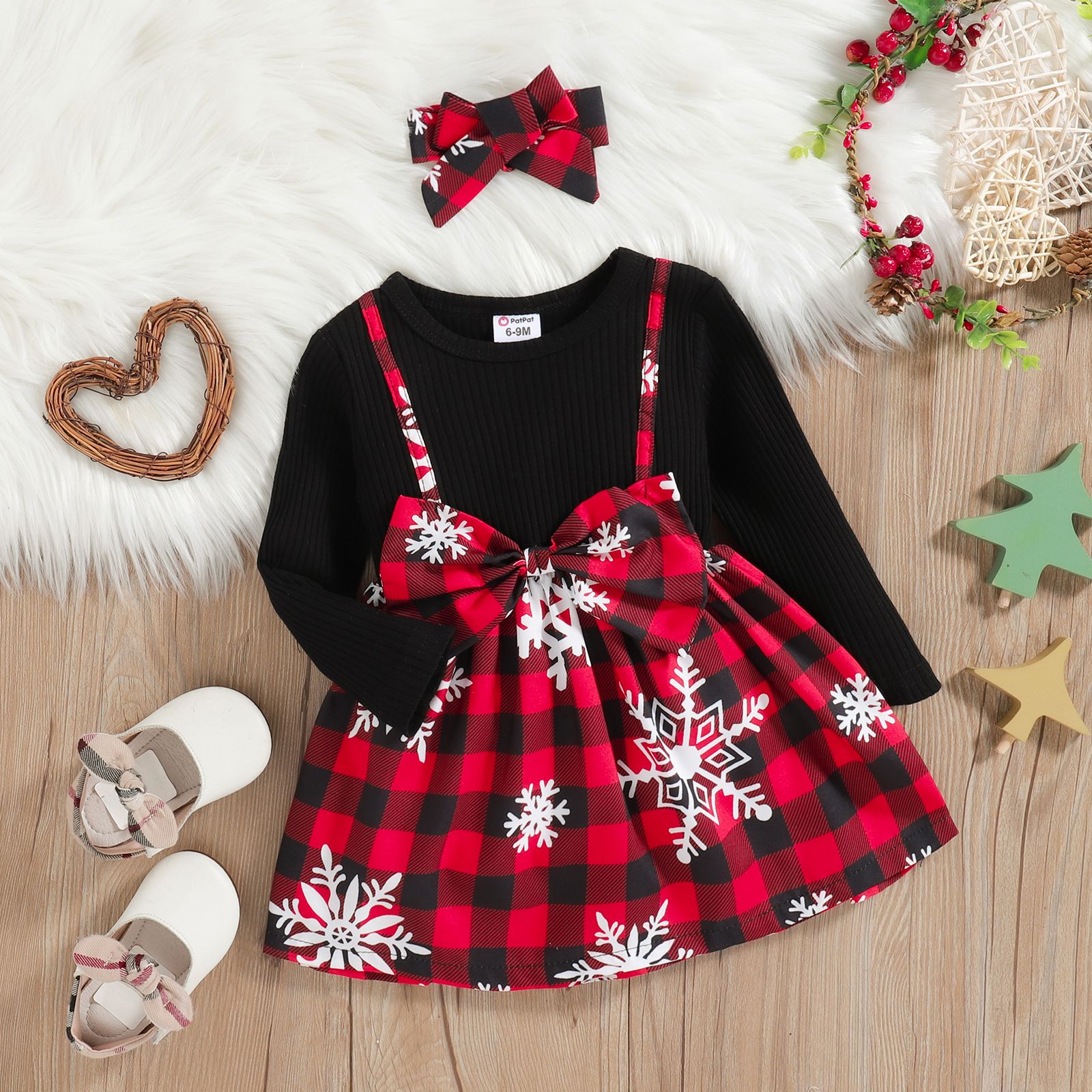 

Christmas 2pcs Baby Girl 95% Cotton Rib Knit Spliced Snowflake Print Red Plaid Bow Front Long-sleeve Dress with Headband Set