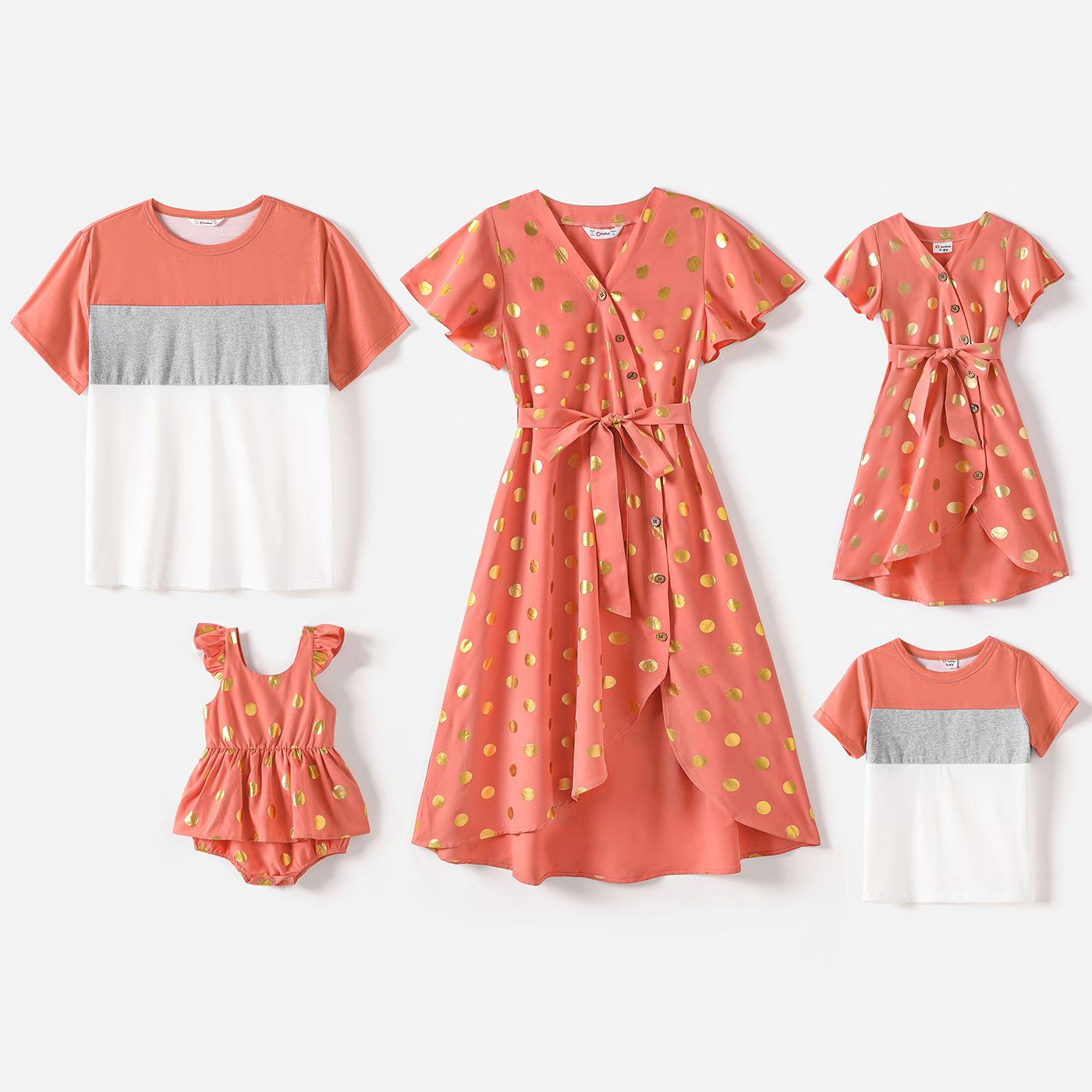 Family Matching Glitter Dots Coral V Neck Button Up Ruffle-sleeve Dresses and Colorblock T-shirts Sets
Family Matching Glitter Dots Coral V Neck Button Up Ruffle-sleeve Dresses and Colorblock T-shirts Sets