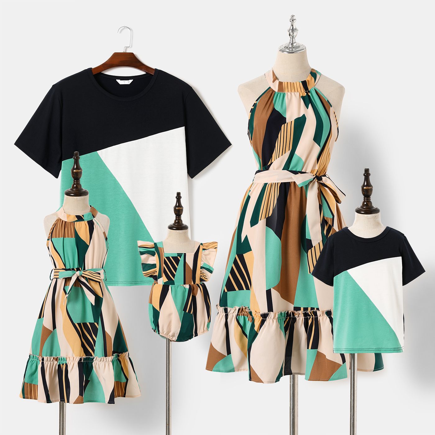 

Family Matching Allover Geo Print Halter Neck Belted Dresses and Colorblock Short-sleeve T-shirts Sets