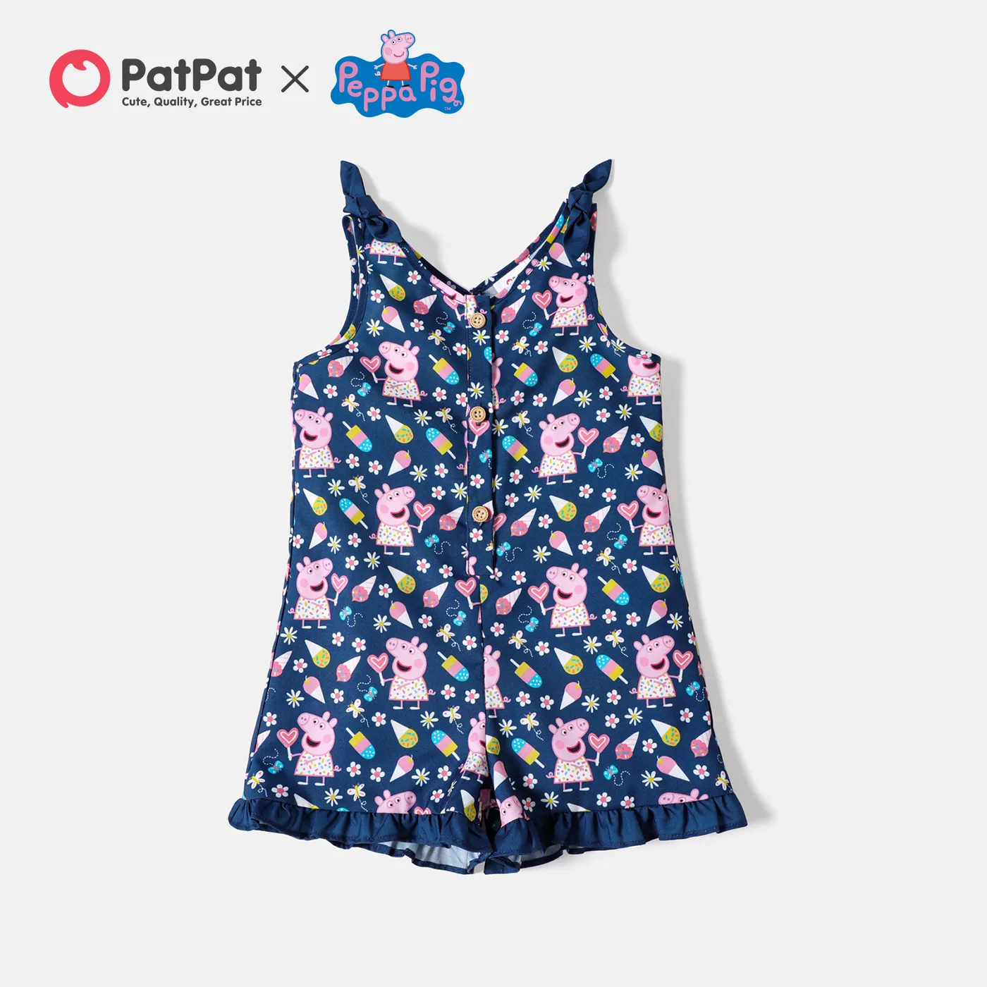 

Peppa Pig Toddler Girl Allover Print Ruffled Button Bows Design Sleeveless Rompers