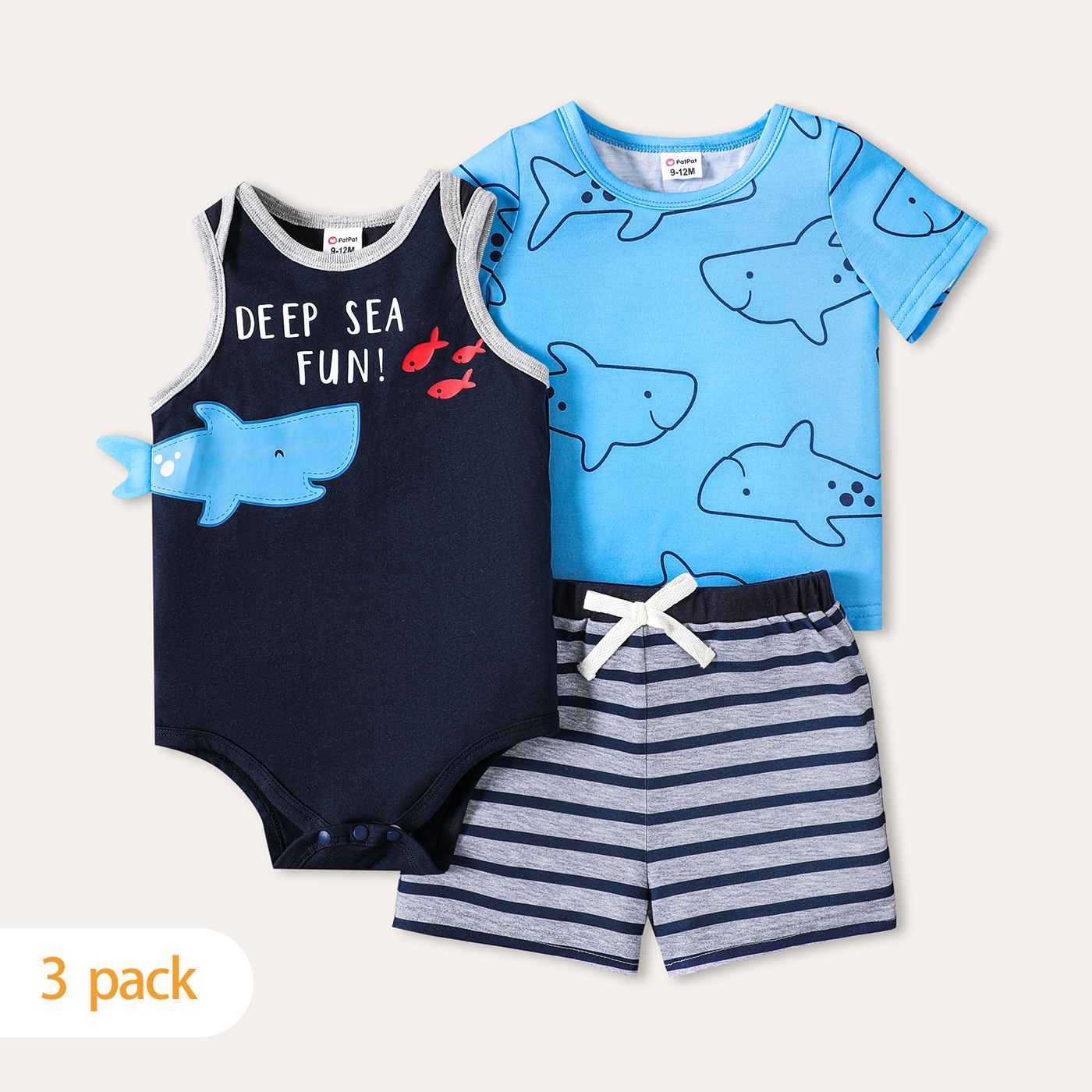 3-Pack Baby Boy 100% Cotton Cartoon Shark & Letter Print Tank Romper and Short-sleeve Tee with Striped Shorts Set
3-Pack Baby Boy 100% Cotton Cartoon Shark & Letter Print Tank Romper and Short-sleeve Tee with Striped Shorts Set