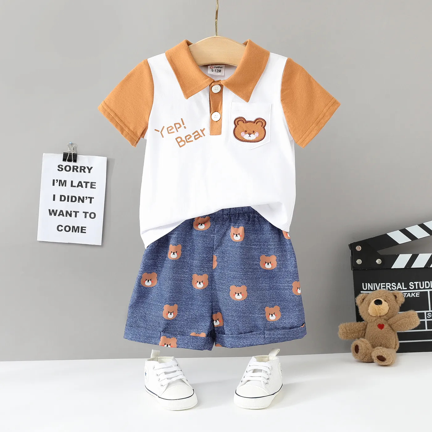 2pcs Baby Boy 100% Cotton Contrast Collar Short-sleeve Cartoon Bear & Letter Print Top and Shorts Set
2pcs Baby Boy 100% Cotton Contrast Collar Short-sleeve Cartoon Bear & Letter Print Top and Shorts Set
