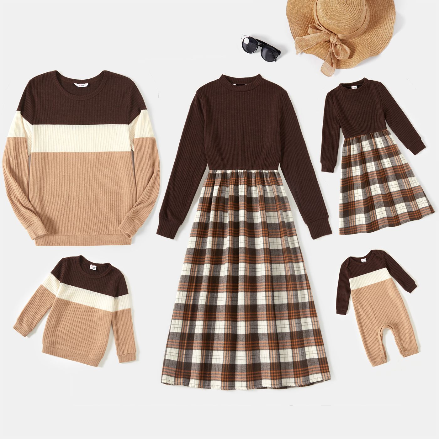 

Family Matching Long-sleeve Mock Neck Rib Knit Spliced Plaid Dresses and Colorblock Tops Sets