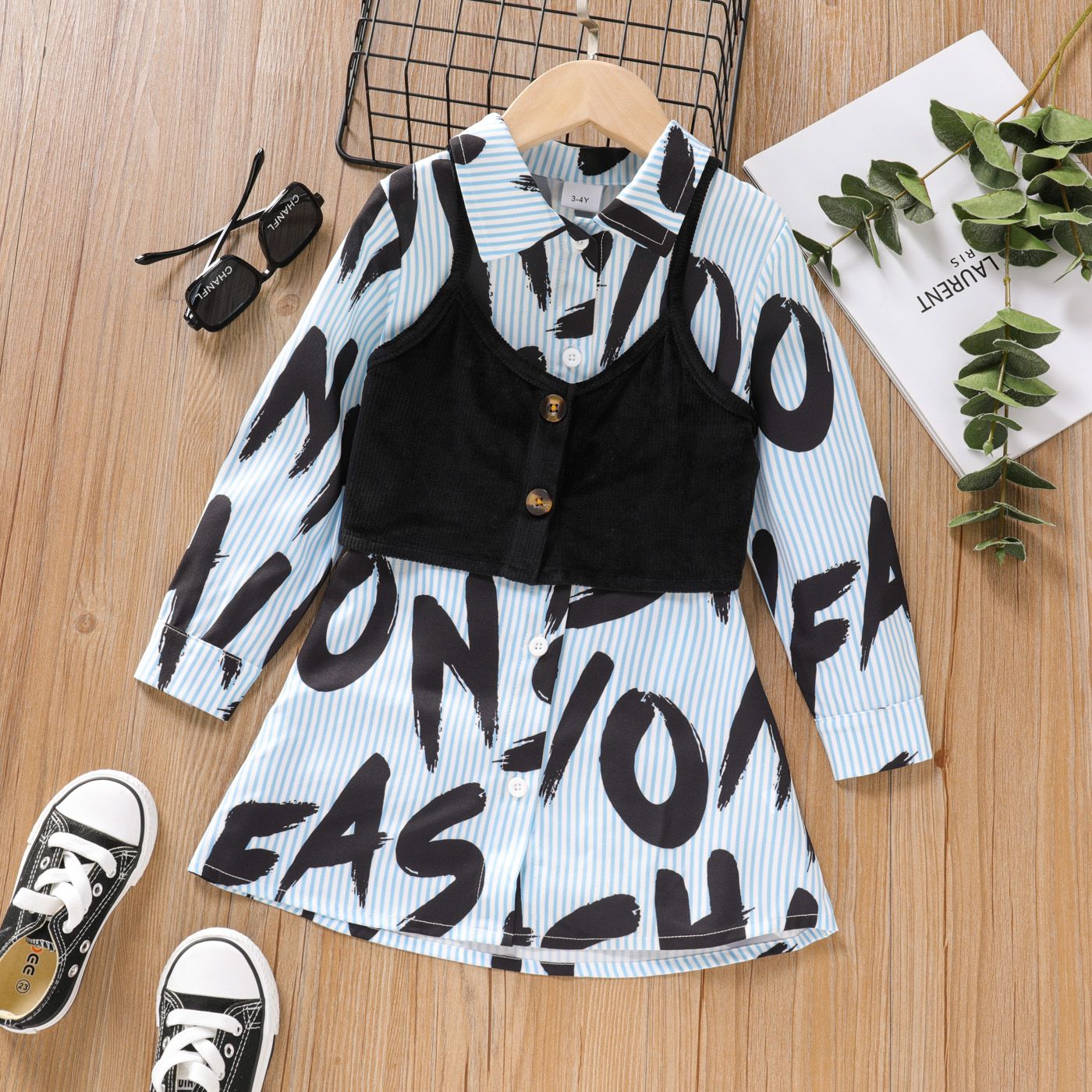 2pcs Toddler Girl Letter Print Stripe Lapel Collar Long-sleeve Dress and Camisole Set
2pcs Toddler Girl Letter Print Stripe Lapel Collar Long-sleeve Dress and Camisole Set