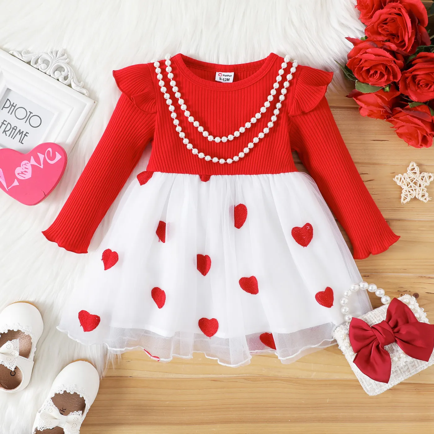 

Baby Girl Solid Rib Knit Ruffle Long-sleeve Spliced Heart Embroidered Mesh Dress