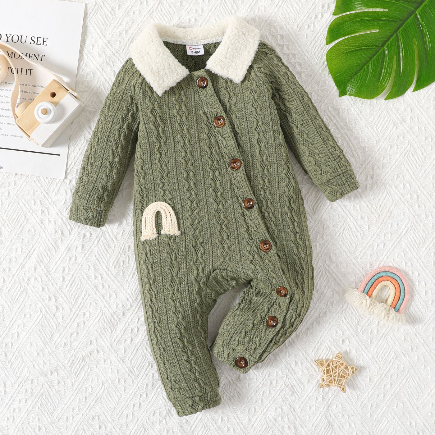 

Baby Boy Rainbow Detail Sherpa Fleece Collar Spliced Long-sleeve Button Front Cable Knit Jumpsuit