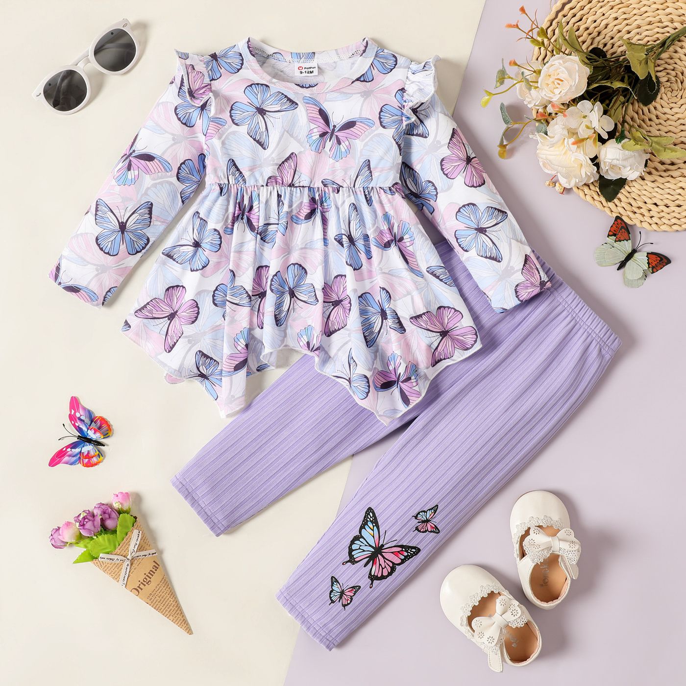 

2pcs Baby Girl Allover Butterfly Print Ruffle Long-sleeve Asymmetric Hem Top and Ribbed Leggings Set