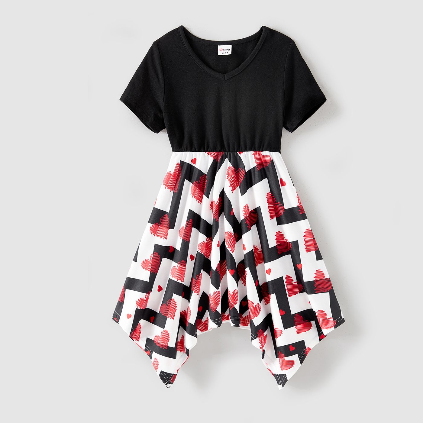 

Family Matching 95% Cotton Black Short-sleeve T-shirts and Allover Heart Print Chevron Striped Asymmetric Hem Spliced Dresses Sets