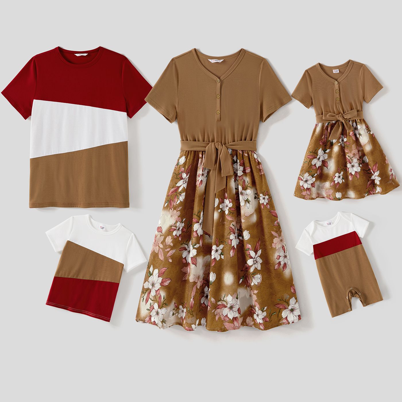 

Family Matching Solid Spliced Floral Print Belted Dresses and Short-sleeve Colorblock T-shirts Sets