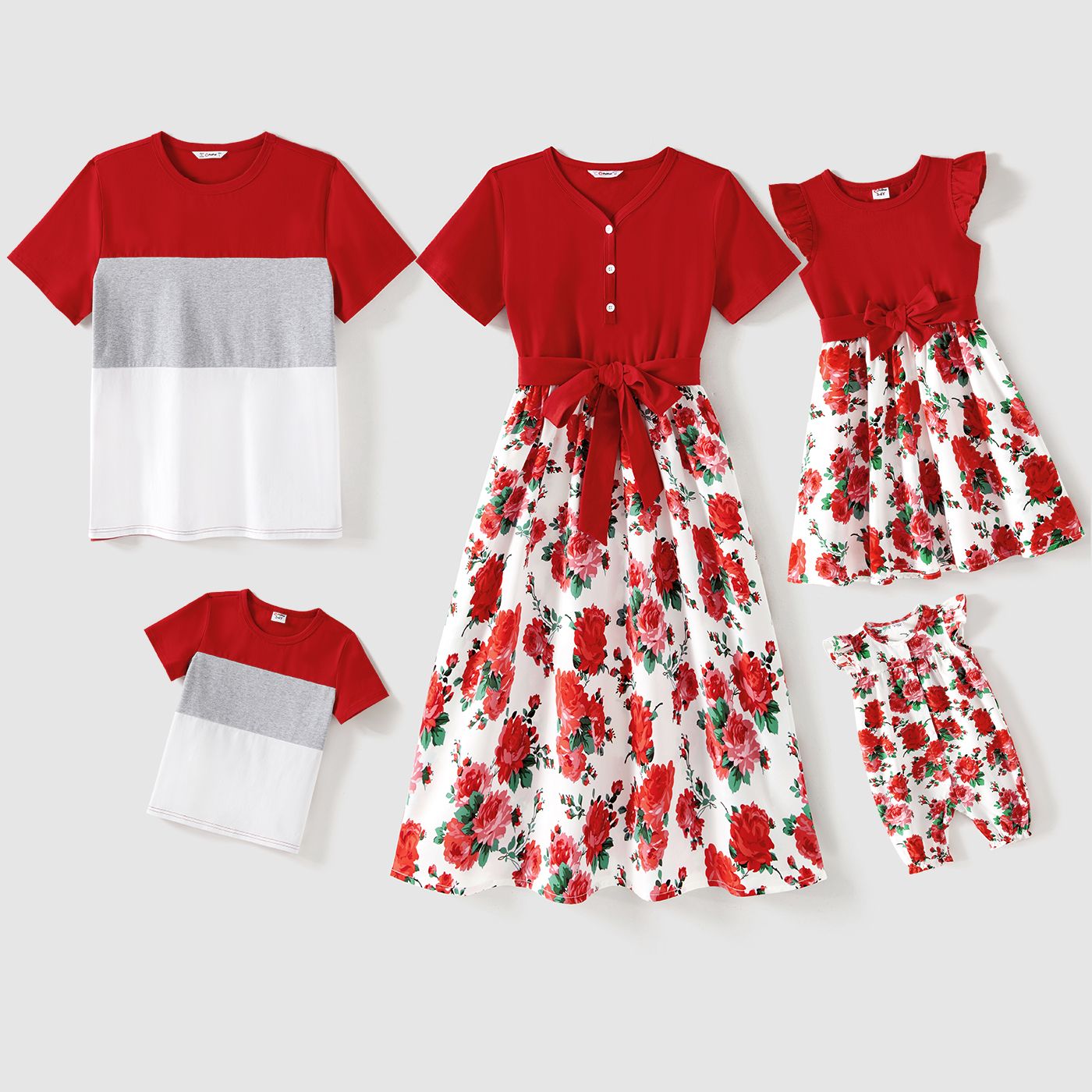 

Family Matching 95% Cotton Short-sleeve Colorblock T-shirts and Floral Print Spliced Dresses Sets