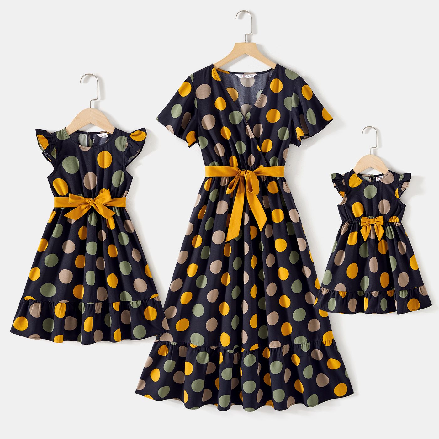 

Mommy and Me Allover Polka Dot Print Surplice Neck Short-sleeve Belted Ruffle Hem Dresses