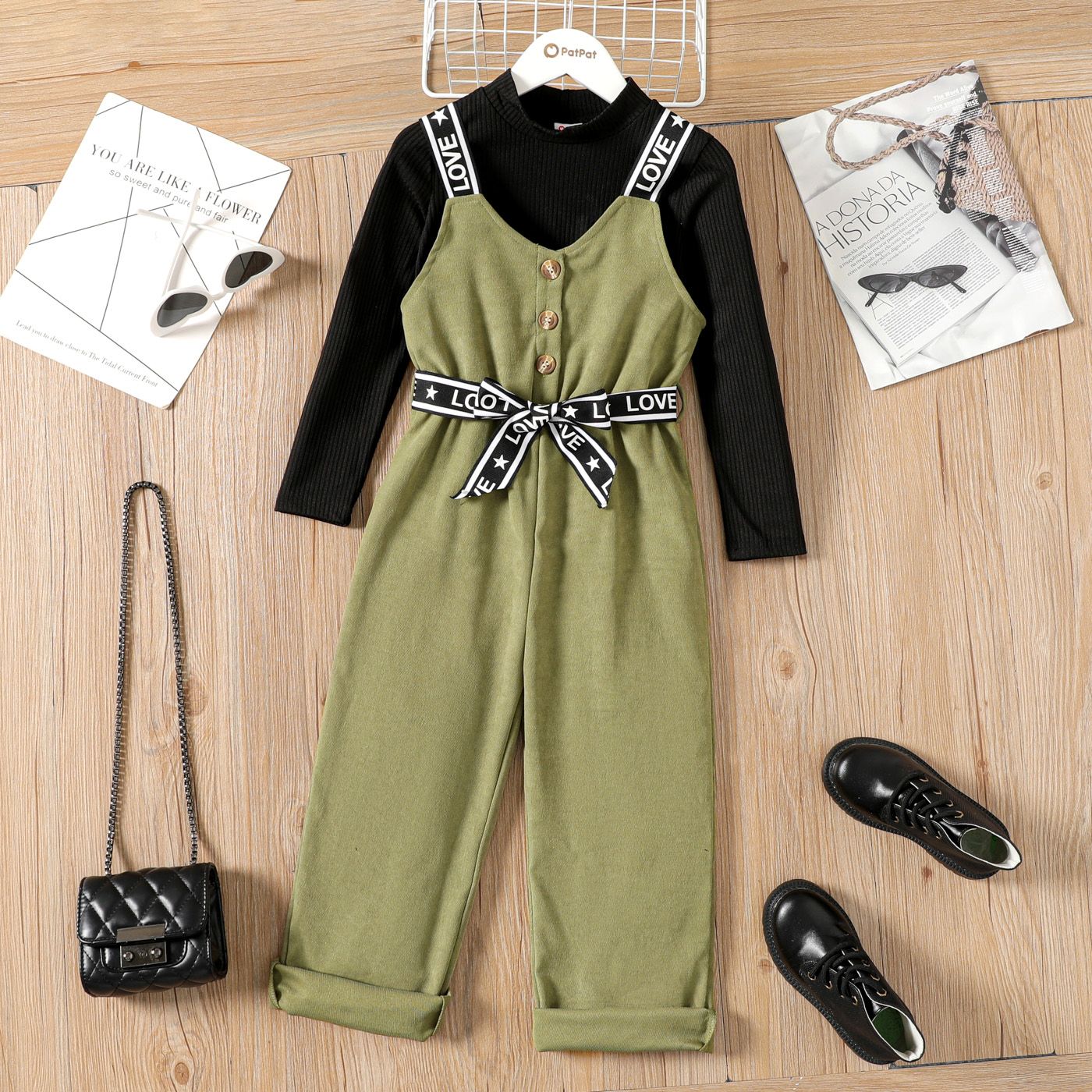 

2pcs Kid Girl Mock Neck Long-sleeve Tee and Webbing Design Belted Corduroy Overalls Set