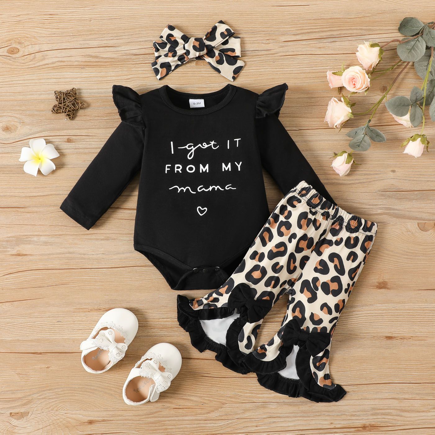 

3pcs Baby Girl 95% Cotton Long-sleeve Letter Graphic Romper and Ruffle Trim Leopard Print Flared Pants & Headband Set