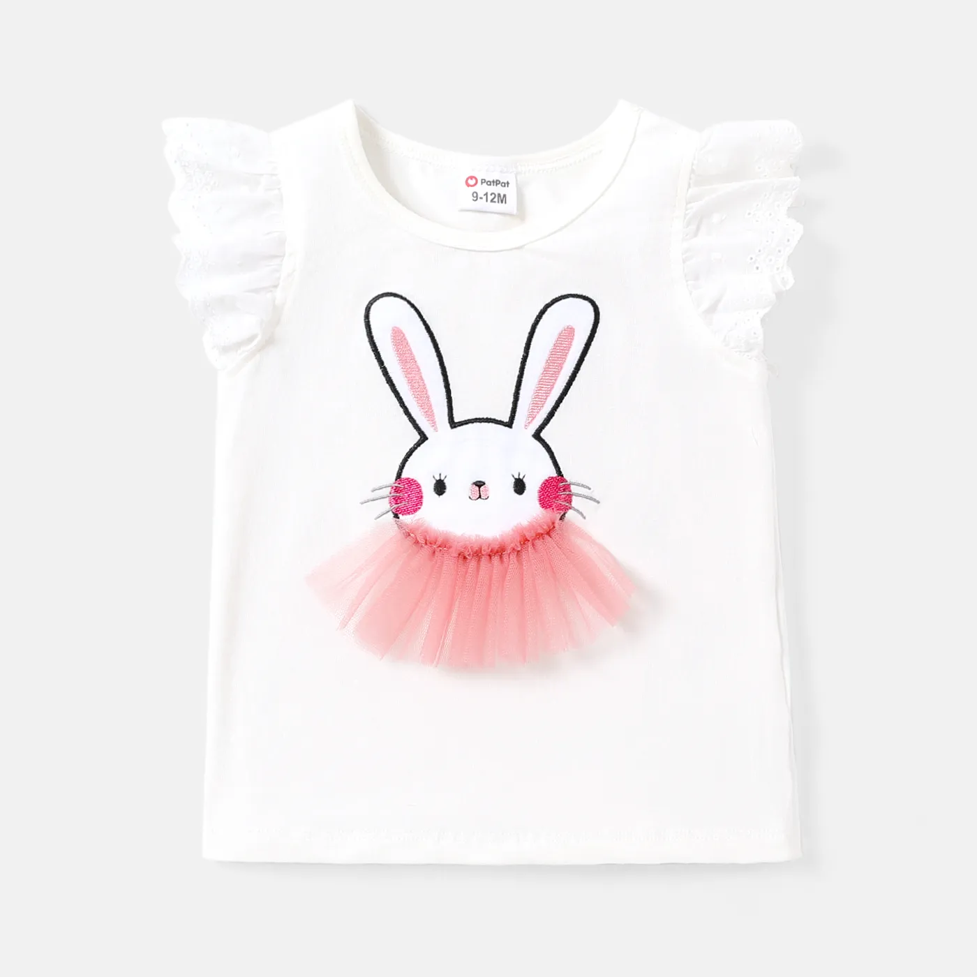 

Baby Girl Cotton Rabbit Embroidered Mesh Design Flutter-sleeve Tee