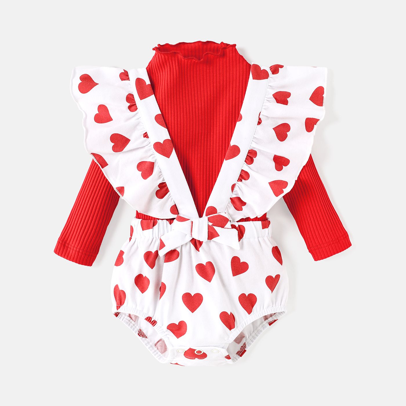 3pcs Baby Girl Solid Cotton Ribbed Long-sleeve Tee and Allover Heart Print Ruffle Trim Romper & Headband Set
3pcs Baby Girl Solid Cotton Ribbed Long-sleeve Tee and Allover Heart Print Ruffle Trim Romper & Headband Set