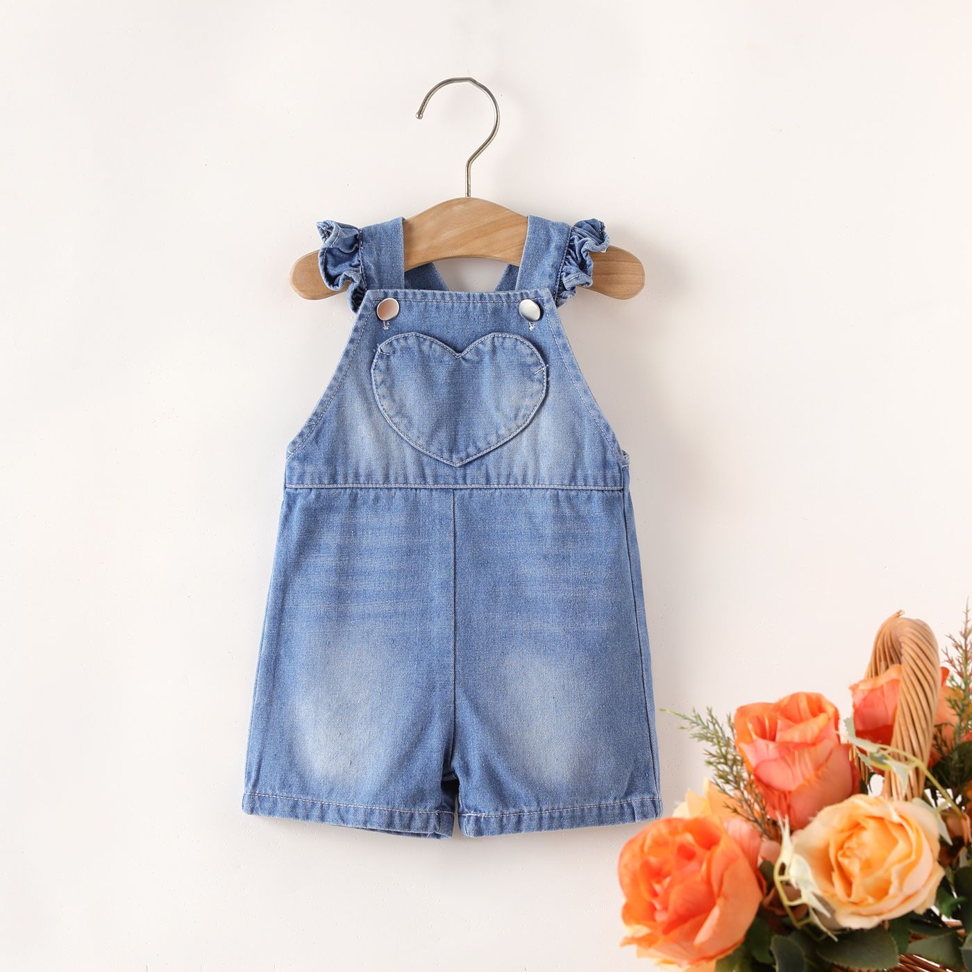 Baby Girl 100% Cotton Denim Heart Design Overalls Shorts