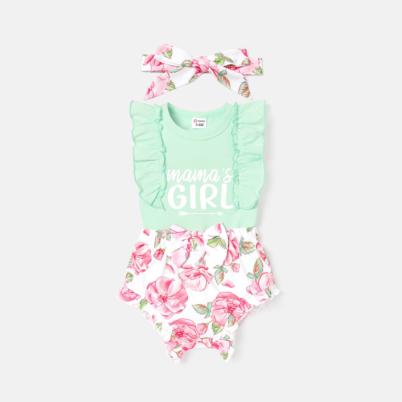 3pcs Baby Girl 100% Cotton Floral Print Shorts and Letter Graphic Ruffle Trim Tank Romper & Headband Set
3pcs Baby Girl 100% Cotton Floral Print Shorts and Letter Graphic Ruffle Trim Tank Romper & Headband Set