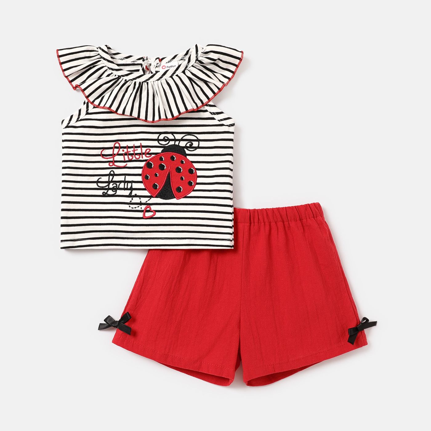 2pcs Baby Girl 100% Cotton Bow Detail Shorts and Ladybird & Letter Embroidered Ruffle Collar Tank Top Set
2pcs Baby Girl 100% Cotton Bow Detail Shorts and Ladybird & Letter Embroidered Ruffle Collar Tank Top Set