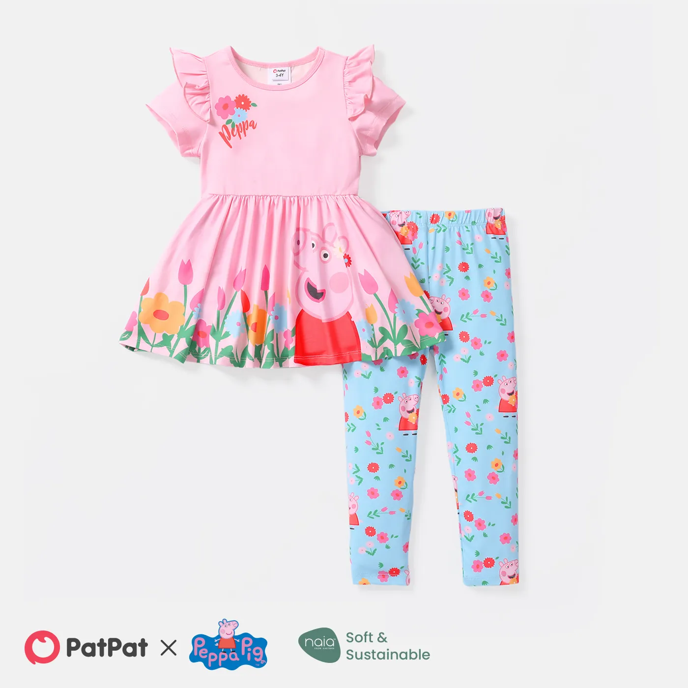 

Peppa Pig 2pcs Toddler Girl Ruffled Floral Print Tee and Elasticized Leggings Set