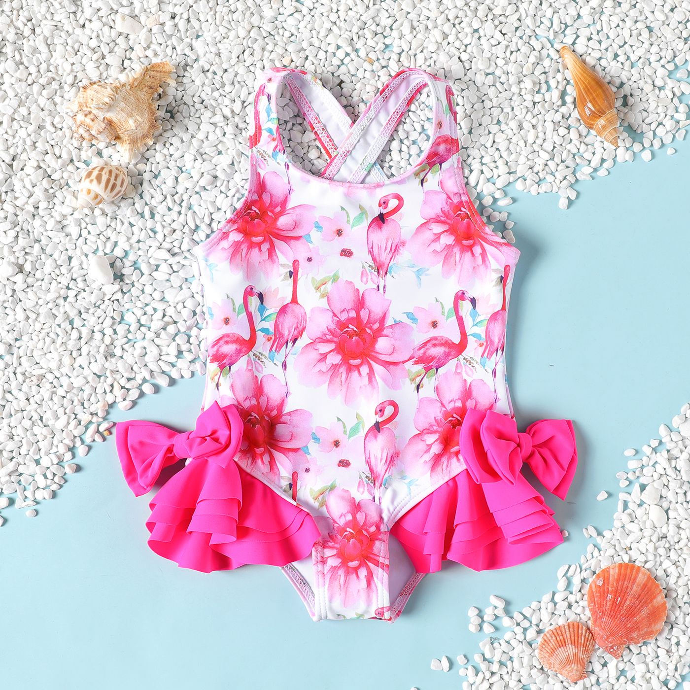 

Baby Girl Floral & Flamingo Print Layered Ruffle Trim One-piece Swimsuit