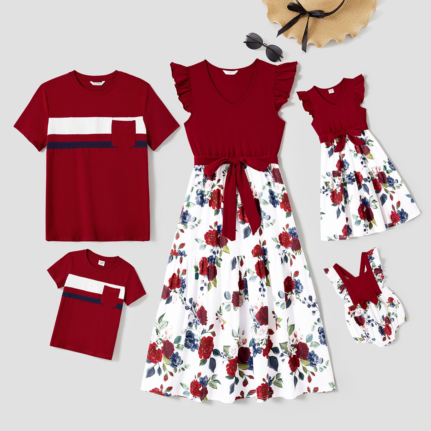 

Family Matching Cotton Short-sleeve Colorblock T-shirts and Floral Print V Neck Belted Spliced Naia™ Dresses Sets