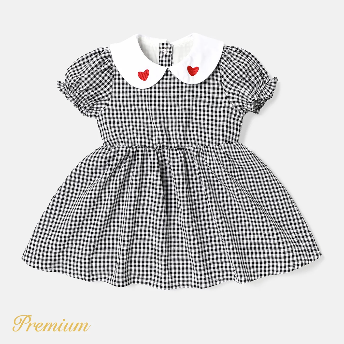 

Baby Girl 100% Cotton Gingham Puff-sleeve Heart Embroidered Contrast Peter Pan Collar Dress