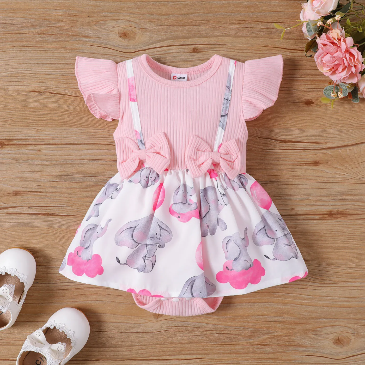 

Baby Girl Elephant Print Flutter-sleeve Bow Front Ribbed Combo Bodysuit Dress