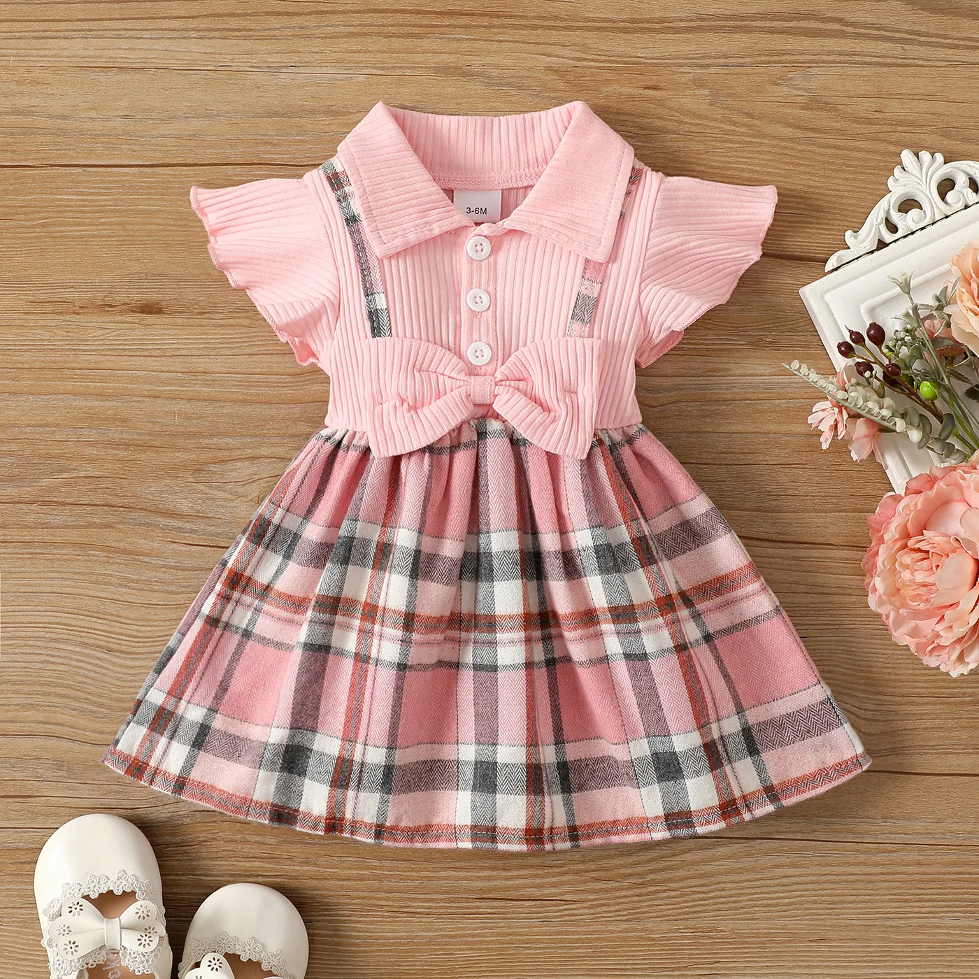 

Baby Girl Bow Front Flutter-sleeve Plaid Panel Combo Ribbed Dress