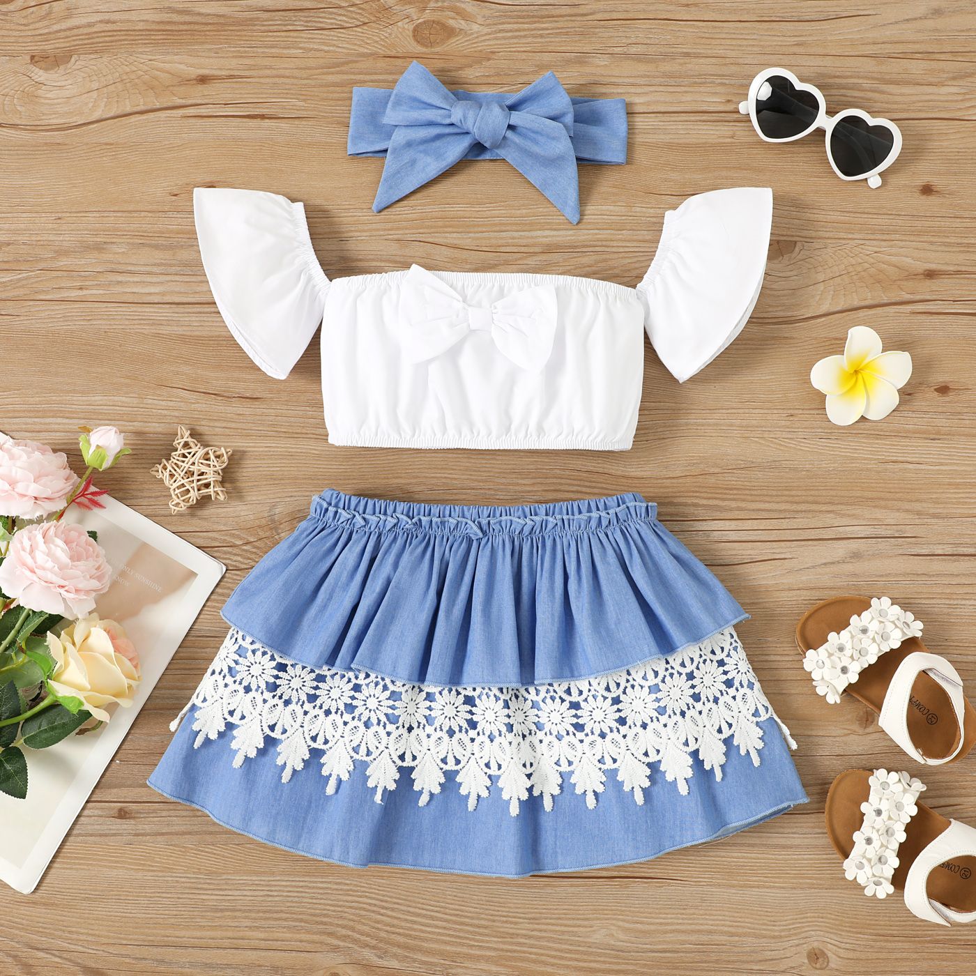 3pcs Toddler Girl 100% Cotton Off-Shoulder Top & Guipure Lace Skirt & Headband Set
3pcs Toddler Girl 100% Cotton Off-Shoulder Top & Guipure Lace Skirt & Headband Set