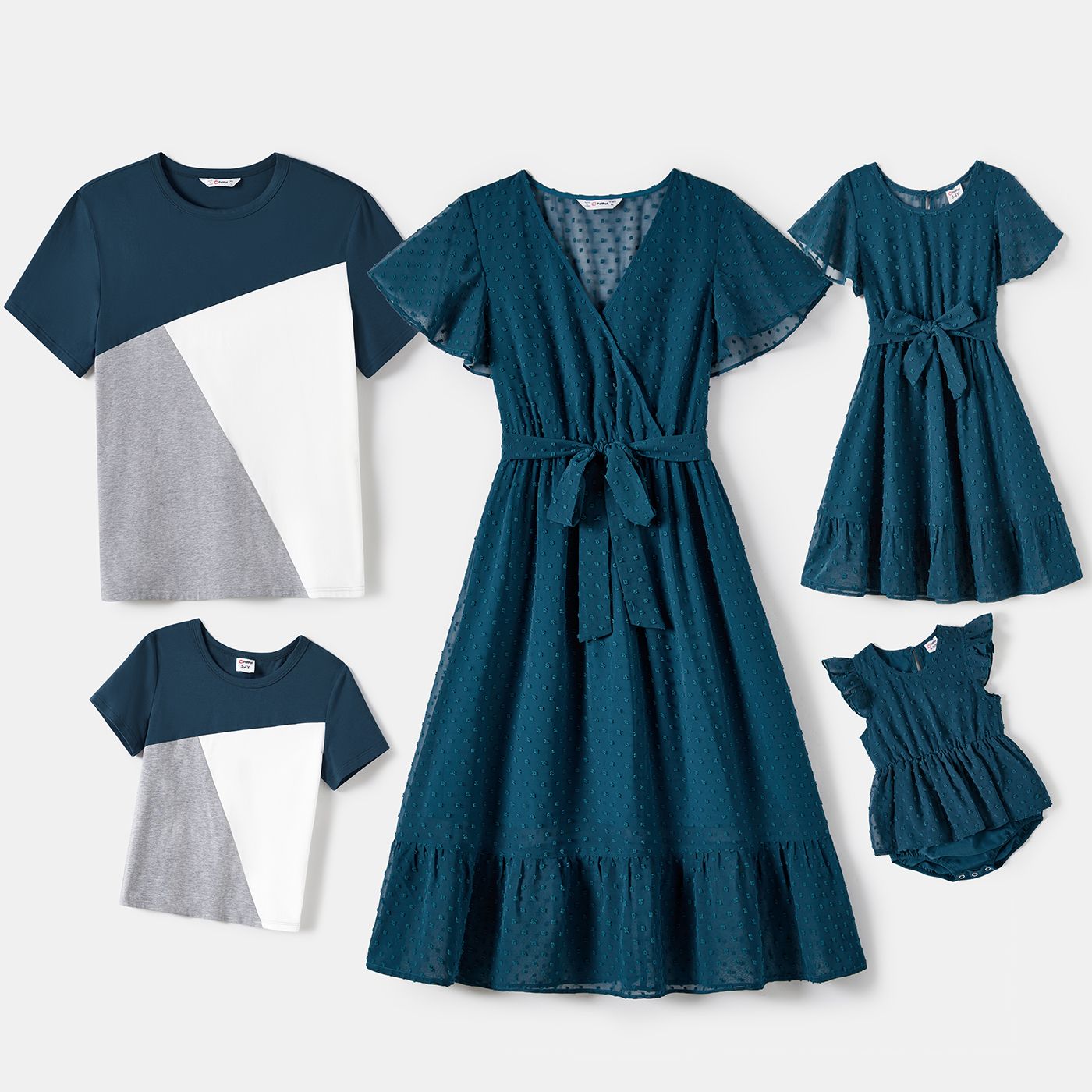 Family Matching Solid Belted V-neck Polka Dot Dresses And Color-Block Short Sleeve Tops Sets
Family Matching Solid Belted V-neck Polka Dot Dresses And Color-Block Short Sleeve Tops Sets