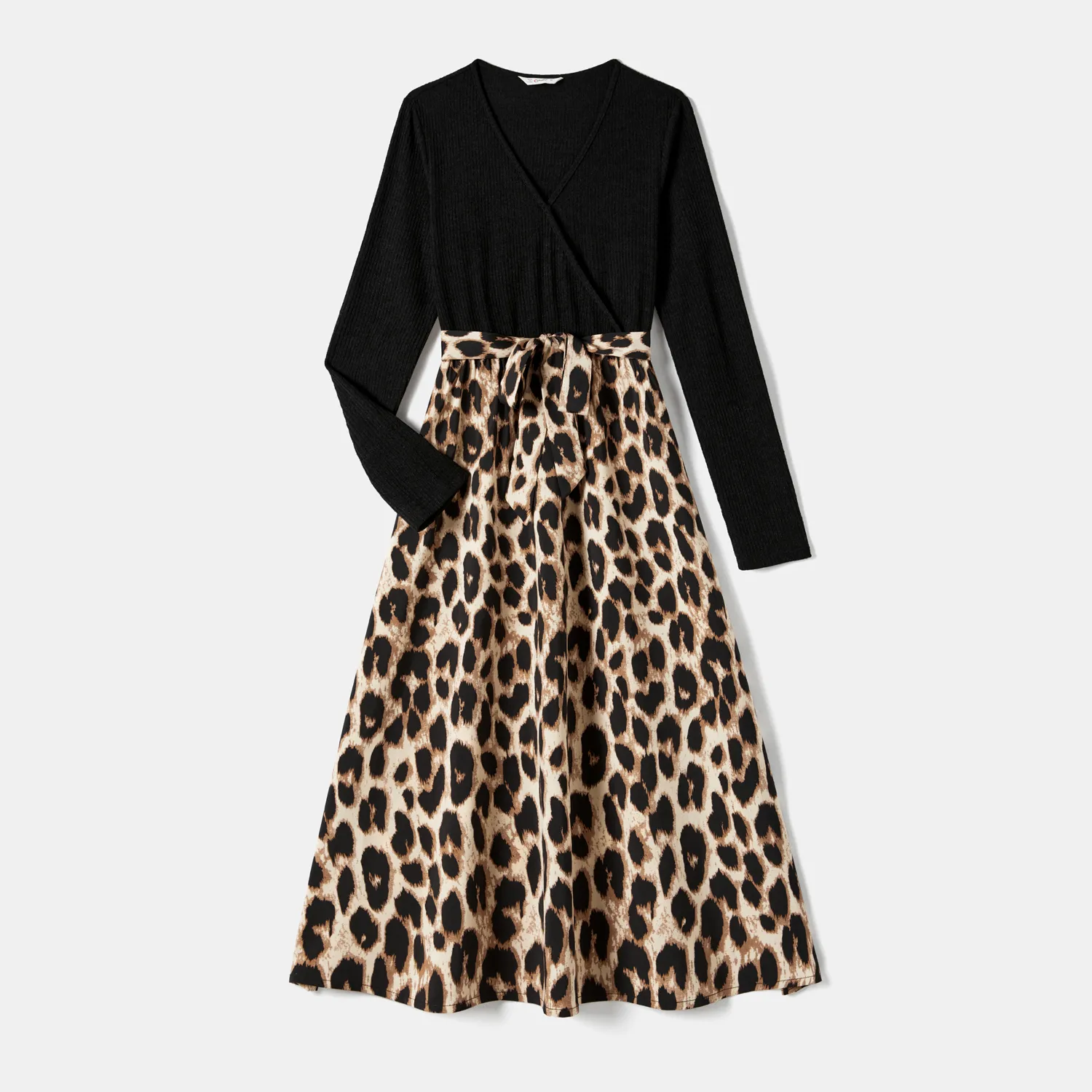 

Family Matching Long-sleeve Shirts and Rib Knit Spliced Leopard Belted Dresses Sets
