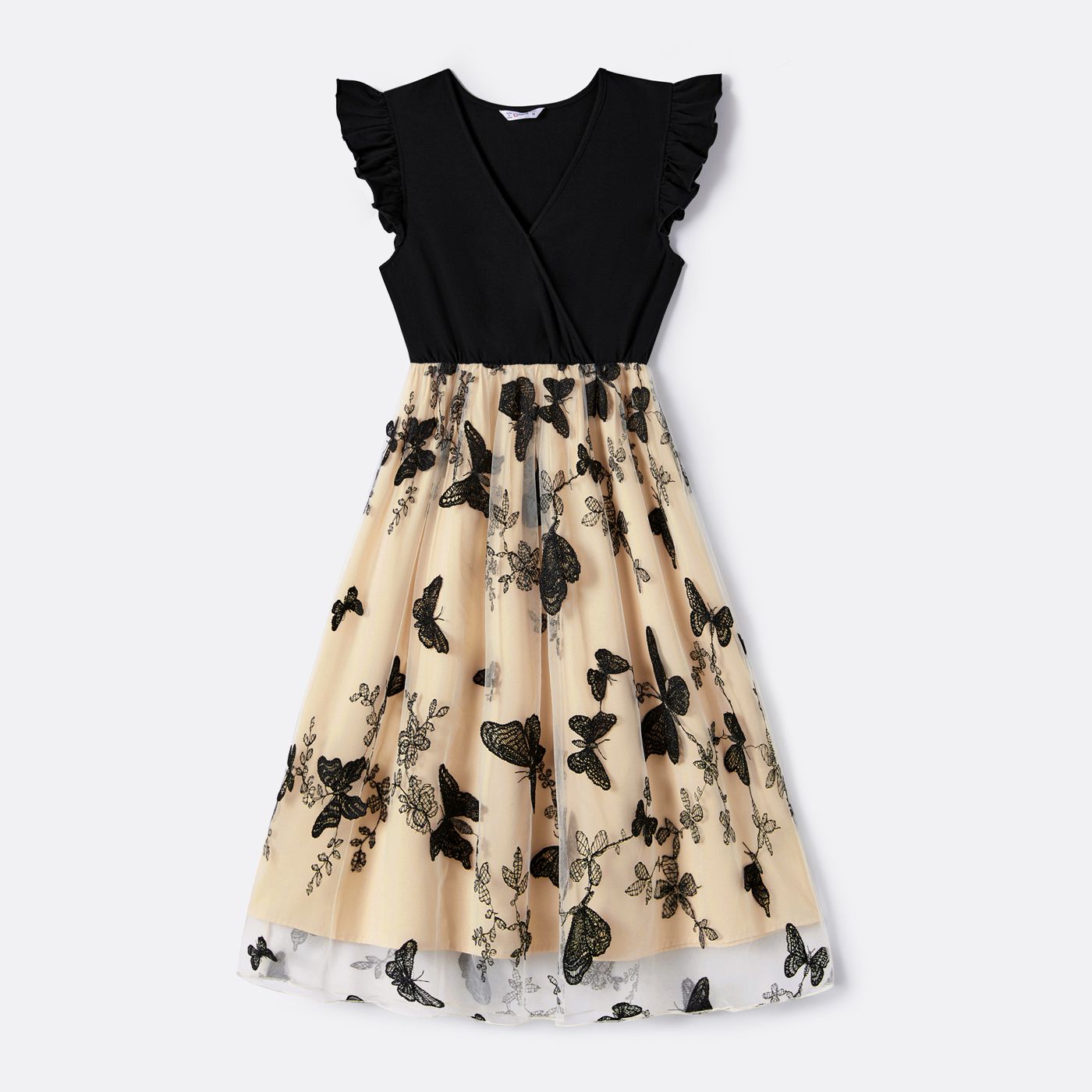 

Family Matching Solid V Neck Flutter-sleeve Splicing Butterfly Print Dresses and Short-sleeve Colorblock T-shirts Sets