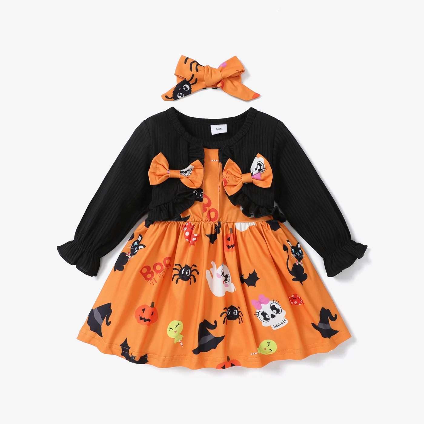 

Halloween 2pcs Baby Girl Faux-two Long-sleeve Rib Knit Spliced Allover Print Bow Front Dress with Headband Set