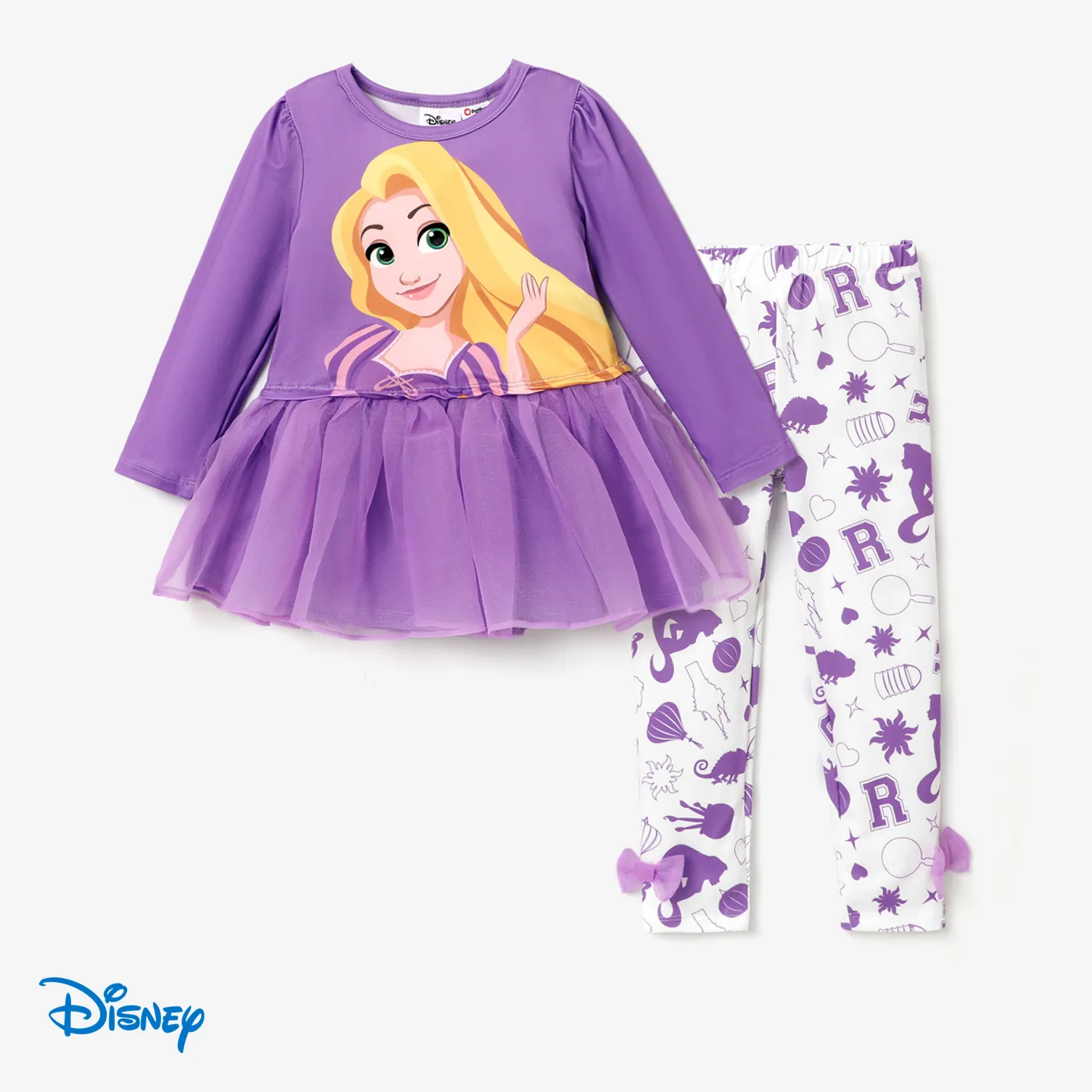 

Disney Princess Toddler Girl 2pcs Character Print Peplum Tee and Mesh Bowknot Allover Print Pants Set