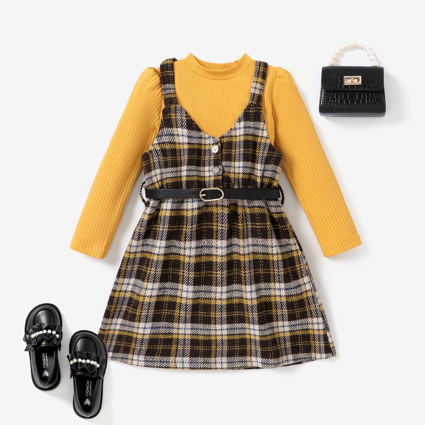 

2PCS Toddler Girl Button/Scret Button Avant-Garde Grid/Houndstooth Top/Dress Set