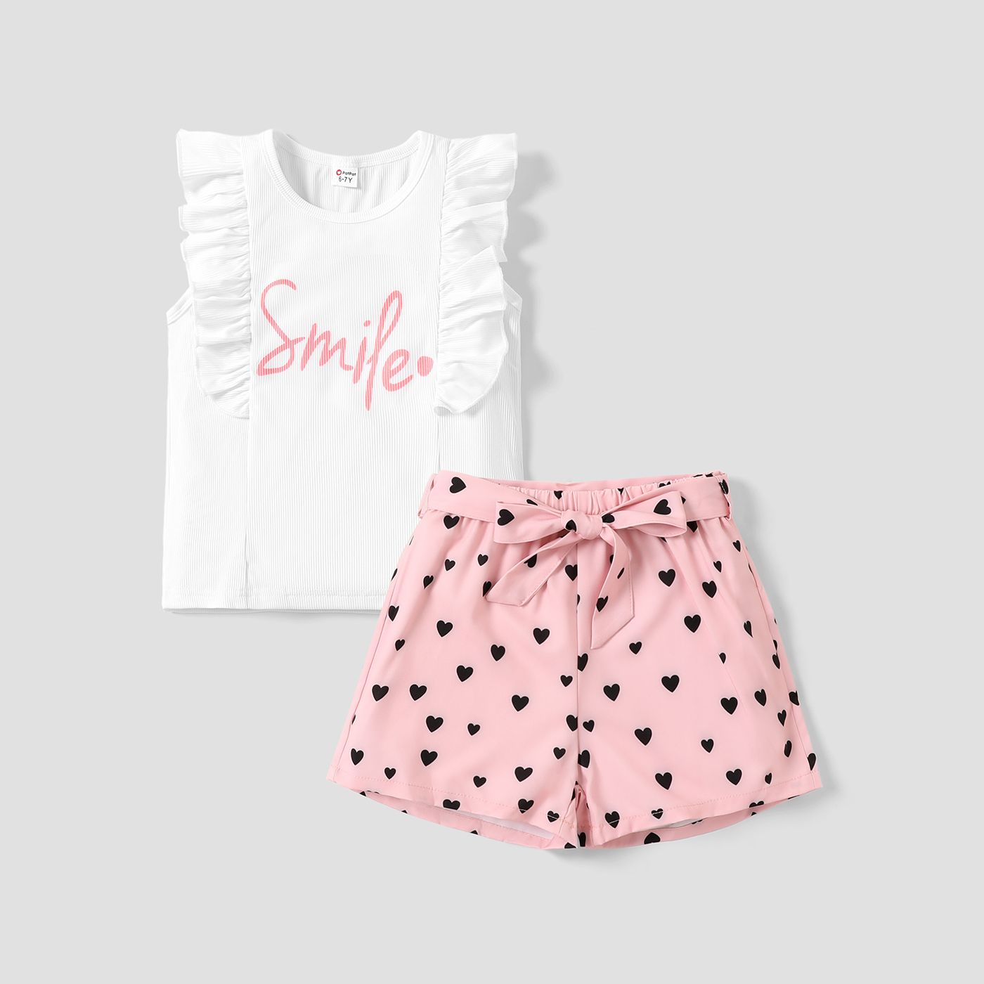 

2pcs Kid Girl Letter Print Flutter-sleeve Tee and Heart Print Belted Shorts Set